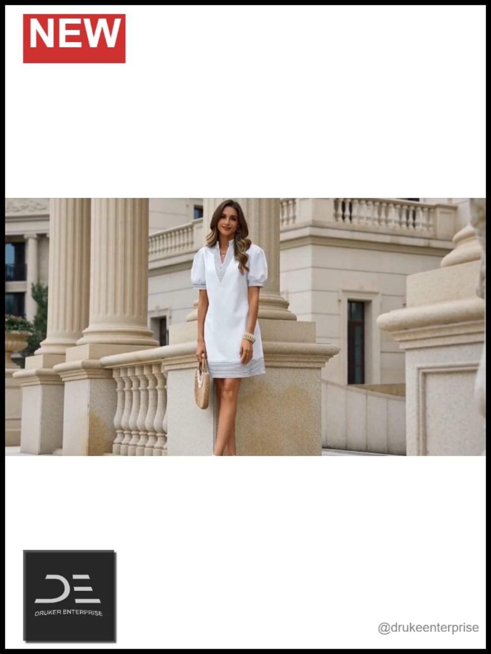 Womens Summer V Neck Puff Short Sleeve Boho Mini Shift Dress with Pockets - Picture 5 of 6